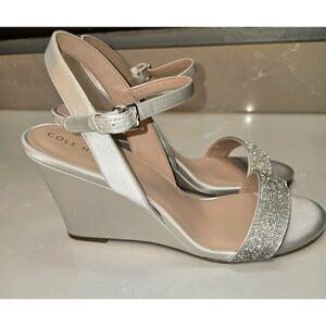 Cole Haan Women's Size 9 Josie Wedge Heel Sandals Silver Wedding Party Excellent